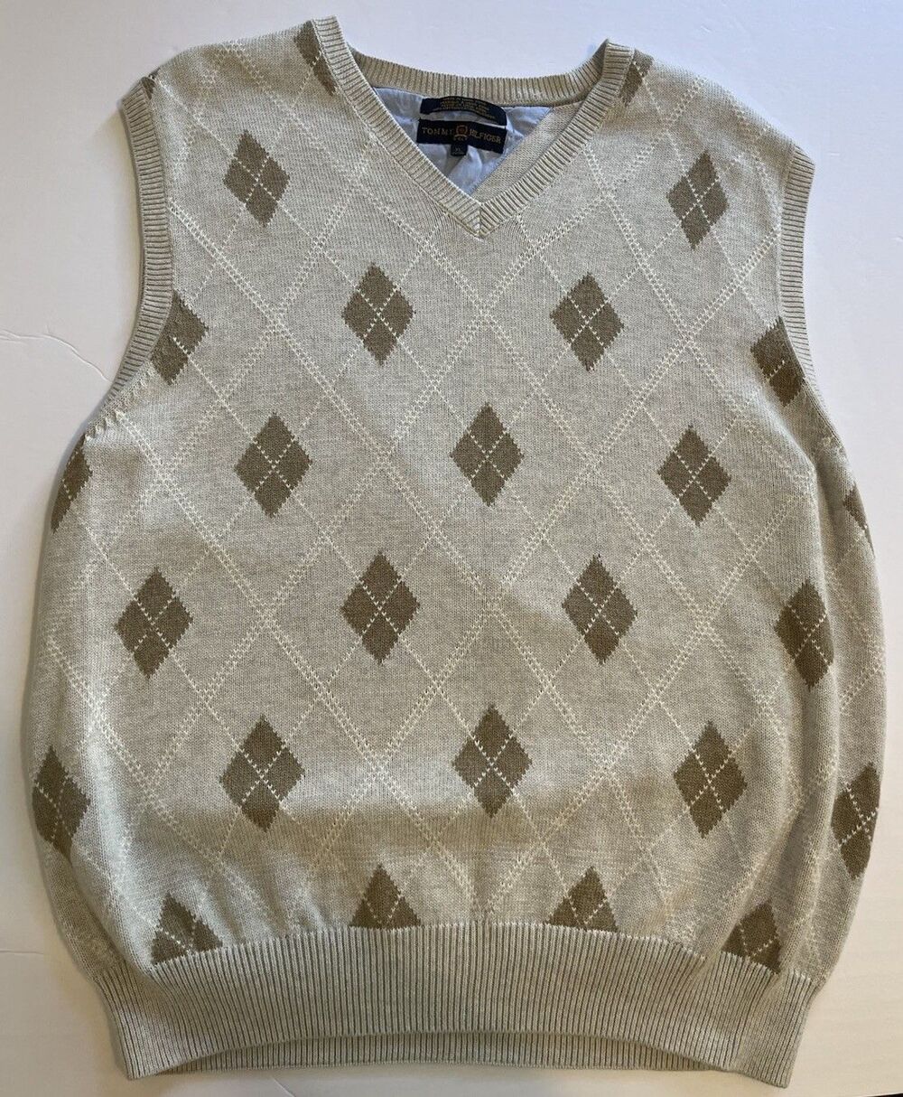 VNTG Tommy Hilfiger Golf Argyle Sweater Vest XL Beige Brown 100% Cotton V-Neck